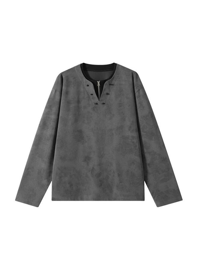 Dingfengbaoluo Lazy Style Two-in-one Long Sleeve T-shirt American Vintage Tie-dye Half-zip Loose Top Xdn19 Dark Gray XL - Image 5