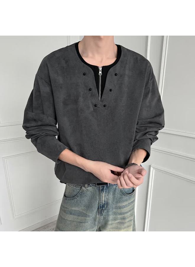Dingfengbaoluo Lazy Style Two-in-one Long Sleeve T-shirt American Vintage Tie-dye Half-zip Loose Top Xdn19 Dark Gray XL - Image 2