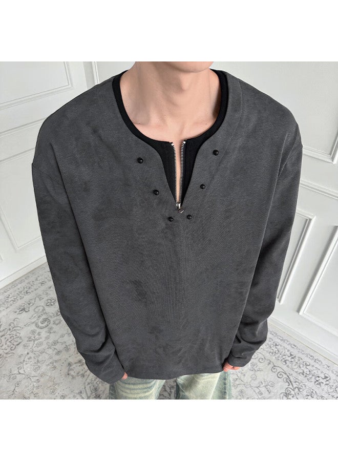 Dingfengbaoluo Lazy Style Two-in-one Long Sleeve T-shirt American Vintage Tie-dye Half-zip Loose Top Xdn19 Dark Gray XL - Image 4