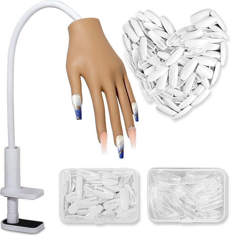 Yokilly Practice Hand for Acrylic NailsSilicone Nail Practice Hand with 200PCS False NailsFlexible Movable Nail Hand Practice ModelAdjustable Fake Hand Nail Art Tools for DIY Nail Manicure Brown