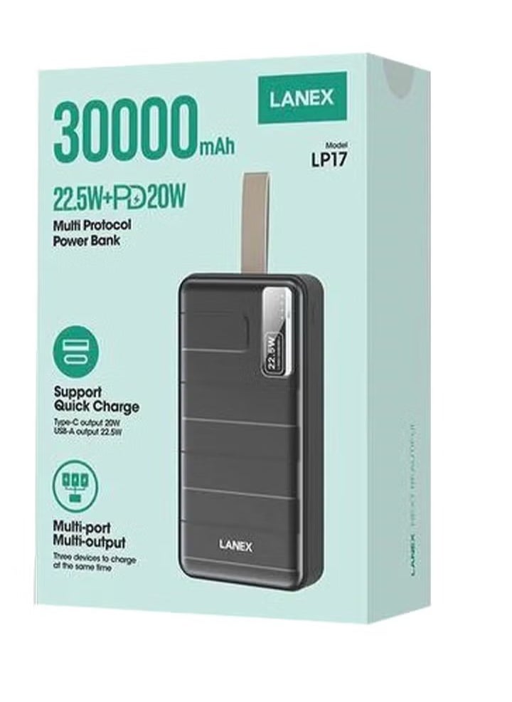 LANEX - Multi-Protocol Power Bank 30000mAh – 22.5W Quick Charge & PD20W Fast Charging, High-Capacity, Dual USB Output, Compact & Travel-Friendly, Perfect for Smartphones, Laptops, Tablets, and More - Image 1