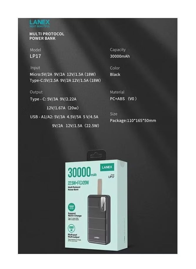 LANEX - Multi-Protocol Power Bank 30000mAh – 22.5W Quick Charge & PD20W Fast Charging, High-Capacity, Dual USB Output, Compact & Travel-Friendly, Perfect for Smartphones, Laptops, Tablets, and More - Image 1