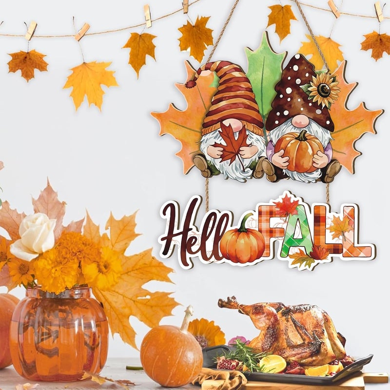 Aurlan Hello Fall Door Sign Gnomes,Fall Gnome Wreath for Front Door,Welcome Autumn Sign,Thanksgiving Wall Decoration,Pumpkin Wall Hanging Maple Leaves Plaque for Outdoor Farmhouse Porch Yard Home - Image 2