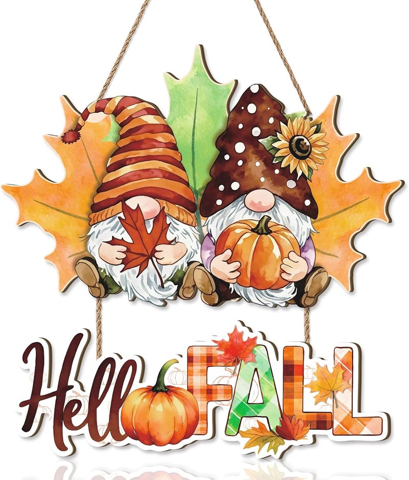 Aurlan Hello Fall Door Sign Gnomes,Fall Gnome Wreath for Front Door,Welcome Autumn Sign,Thanksgiving Wall Decoration,Pumpkin Wall Hanging Maple Leaves Plaque for Outdoor Farmhouse Porch Yard Home - Image 1