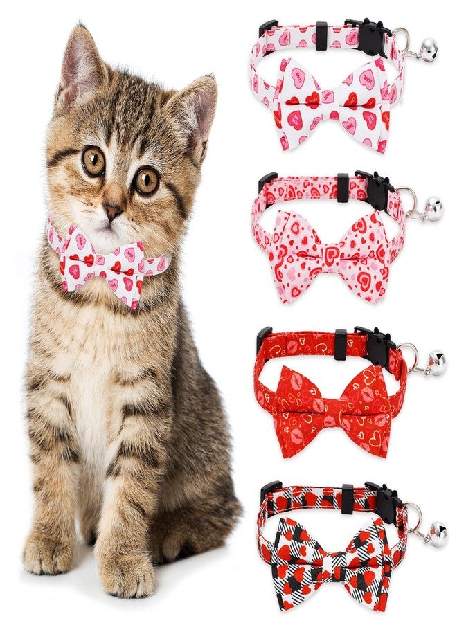 وولاين طوق قطط من والين، عبوة من 4 قطع، أحمر وردي، بنقشة قلوب وربطة عنق، مزود بجرس، قابل للتعديل، مناسب للقطط الصغيرة. - Image 1