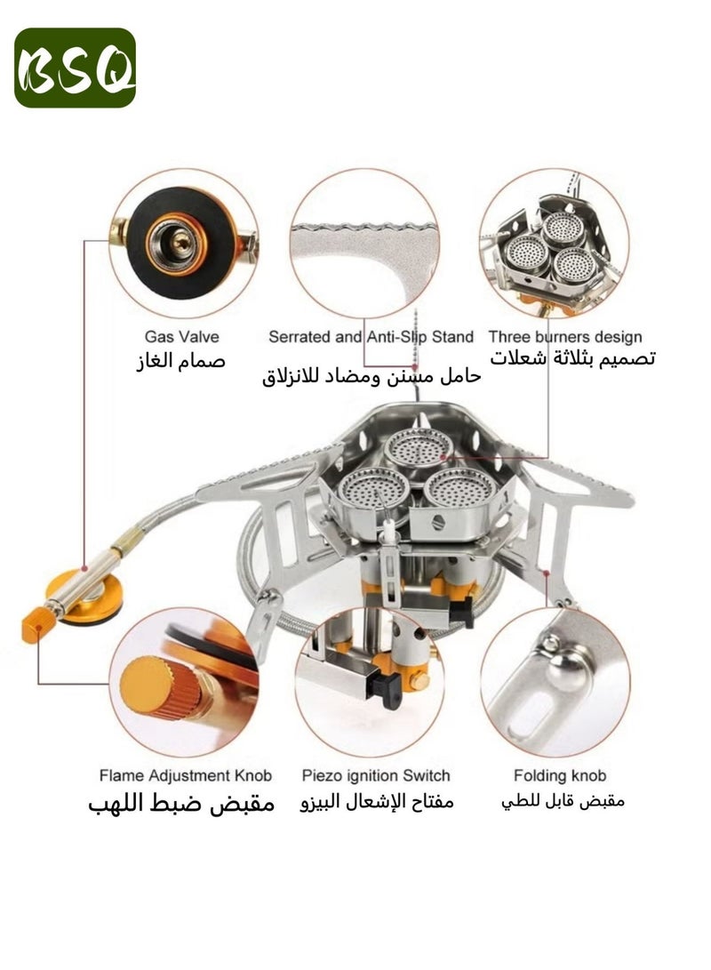 BSQ High-power three-burner gas stove | Camping and travel stove | High-power gas cooker | Ultra-light portable gas stove | Cookware | Picnic, barbecue, and travel supplies | Suitable for outdoor camping, fishing, and indoor cooking, no power supply required, the perfect choice for all your adventures. - Image 4