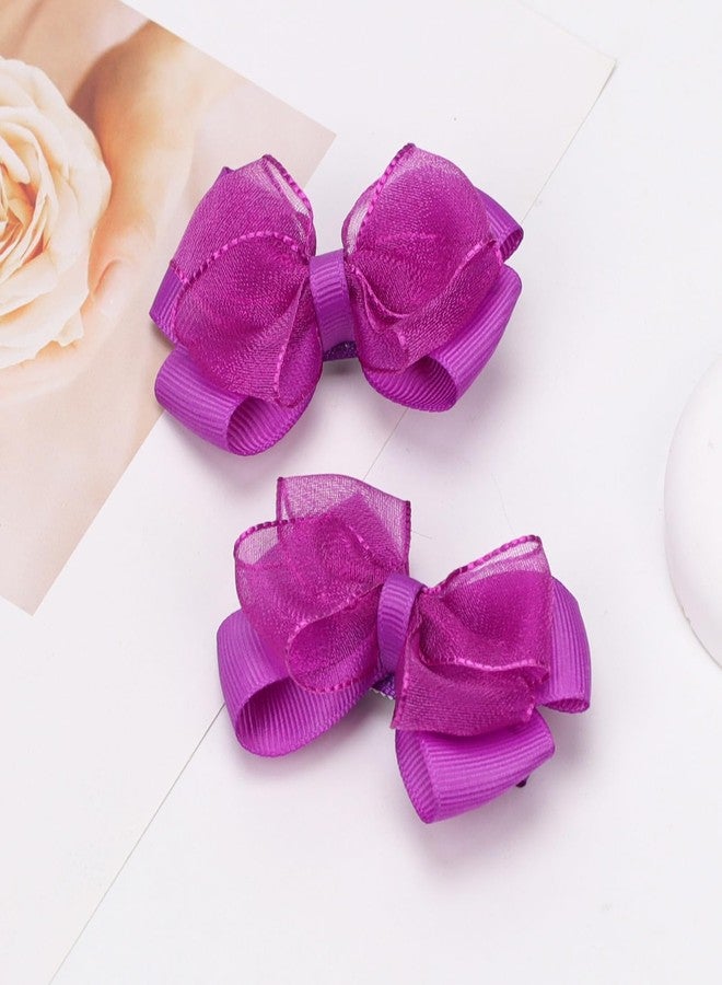Zolyco Tiny 3 Inch Organza Double Hair Bow Clips - Lined Boutique Alligator Hairpin for Baby Girls, Toddlers, and Little Teens - Kids Barrettes Set of 2 Small Stylish (Deep Purple) - Image 5