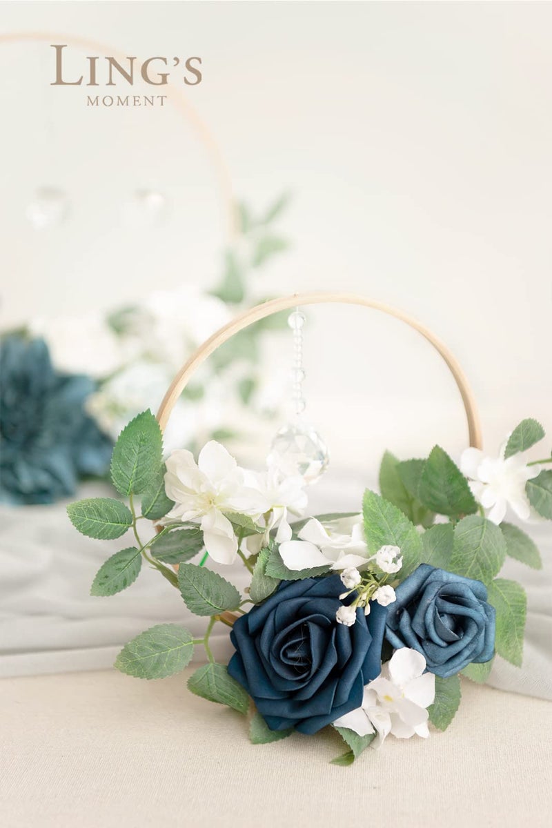 Ling's moment Ling's Moment Crystal Wooden Hoop Wreath Floral Centerpieces for Sweetheart Table  Head Table  Ceremony Reception Artificial Flowers Decorations  Assemble Required - Dusty Blue &Navy  - Image 4