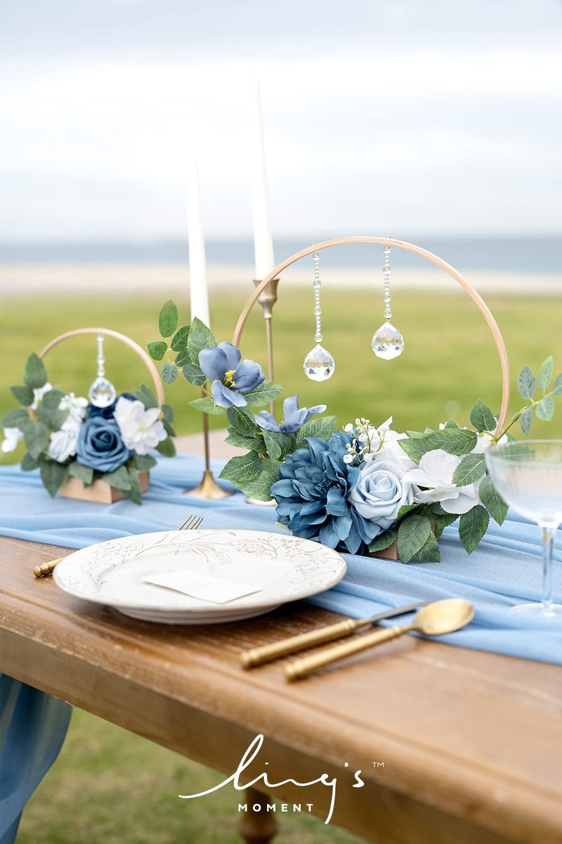Ling's moment Ling's Moment Crystal Wooden Hoop Wreath Floral Centerpieces for Sweetheart Table  Head Table  Ceremony Reception Artificial Flowers Decorations  Assemble Required - Dusty Blue &Navy  - Image 2