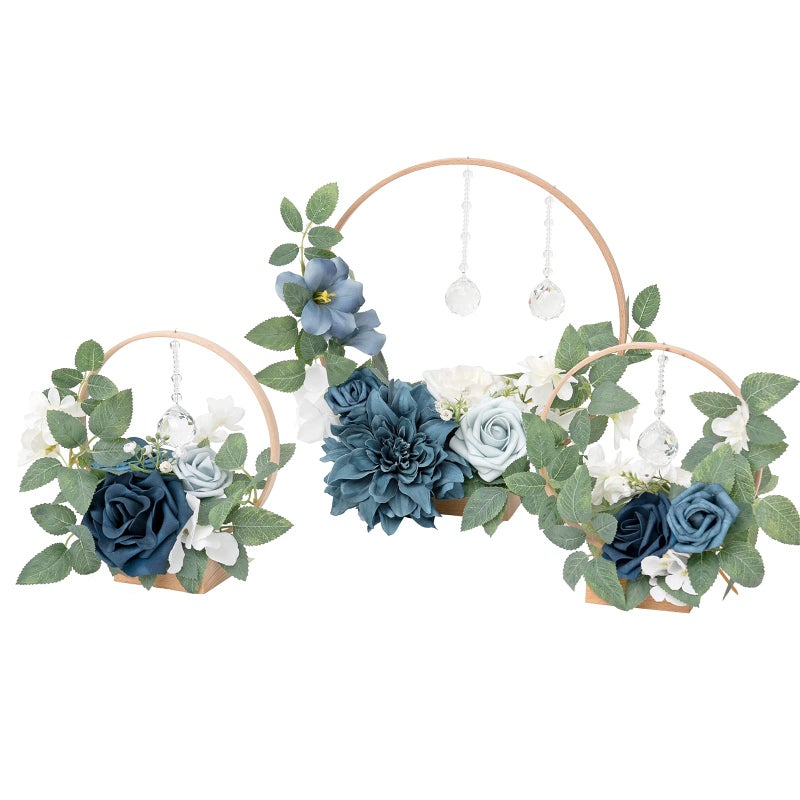 Ling's moment Ling's Moment Crystal Wooden Hoop Wreath Floral Centerpieces for Sweetheart Table  Head Table  Ceremony Reception Artificial Flowers Decorations  Assemble Required - Dusty Blue &Navy  - Image 1