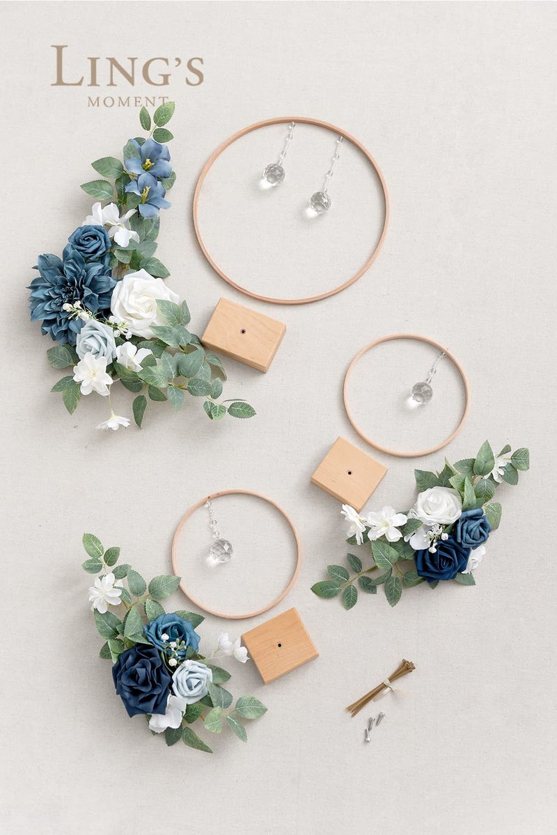 Ling's moment Ling's Moment Crystal Wooden Hoop Wreath Floral Centerpieces for Sweetheart Table  Head Table  Ceremony Reception Artificial Flowers Decorations  Assemble Required - Dusty Blue &Navy  - Image 5