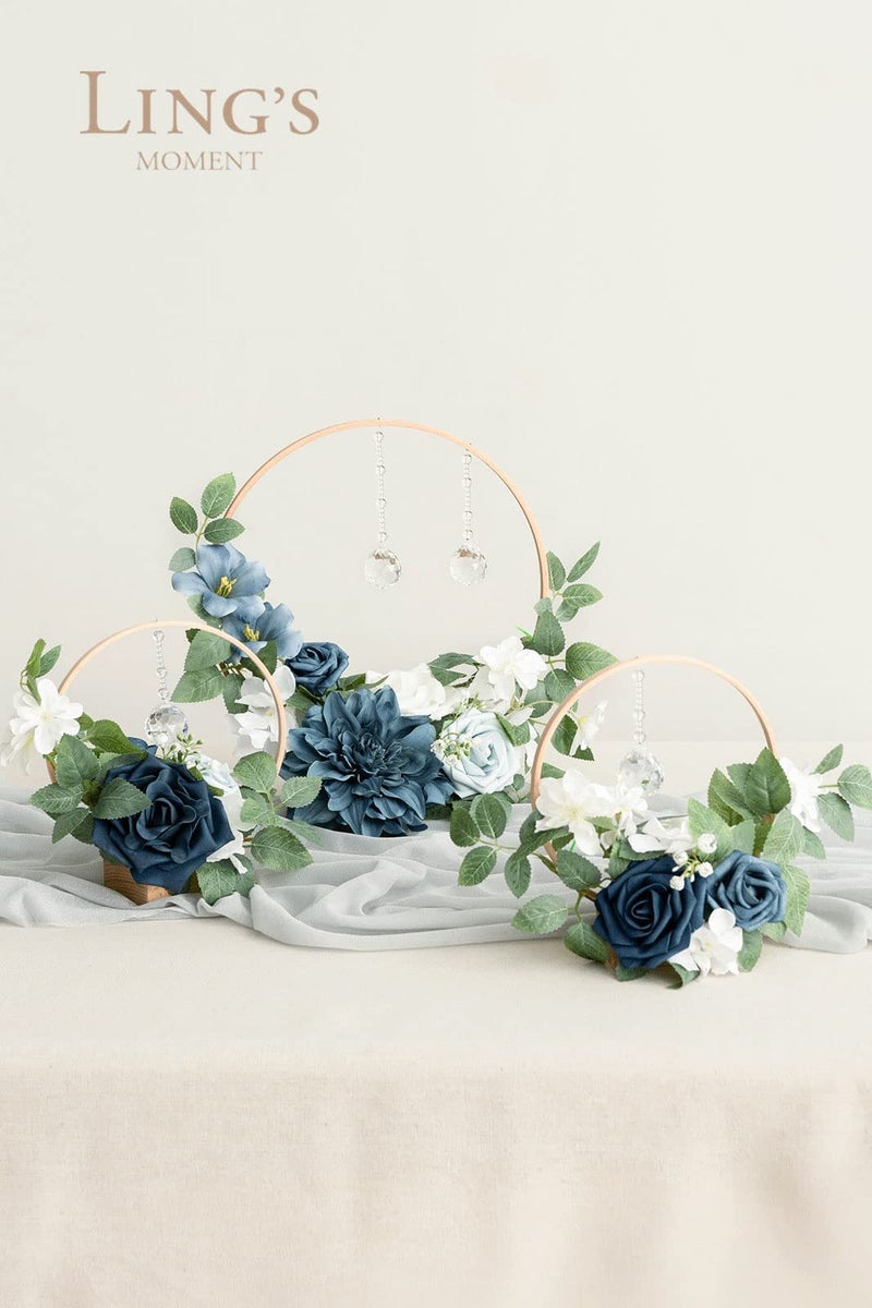 Ling's moment Ling's Moment Crystal Wooden Hoop Wreath Floral Centerpieces for Sweetheart Table  Head Table  Ceremony Reception Artificial Flowers Decorations  Assemble Required - Dusty Blue &Navy  - Image 3