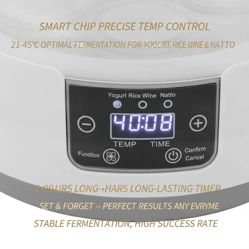 Electric Yogurt Maker Machine, 1.2L 304 Stainless Steel Liner + 5 Glass Cups, Computer Constant Temperature Control, 1-99H Timer & 69.8-113°F Adjustable Temp, Multi-Function for Yogurt / Rice Wine / Natto, 110-240V US Plug - Image 4