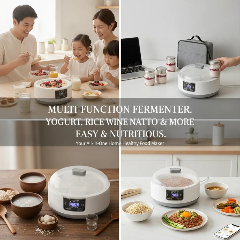 Electric Yogurt Maker Machine, 1.2L 304 Stainless Steel Liner + 5 Glass Cups, Computer Constant Temperature Control, 1-99H Timer & 69.8-113°F Adjustable Temp, Multi-Function for Yogurt / Rice Wine / Natto, 110-240V US Plug - Image 2