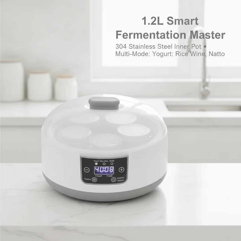 Electric Yogurt Maker Machine, 1.2L 304 Stainless Steel Liner + 5 Glass Cups, Computer Constant Temperature Control, 1-99H Timer & 69.8-113°F Adjustable Temp, Multi-Function for Yogurt / Rice Wine / Natto, 110-240V US Plug - Image 1