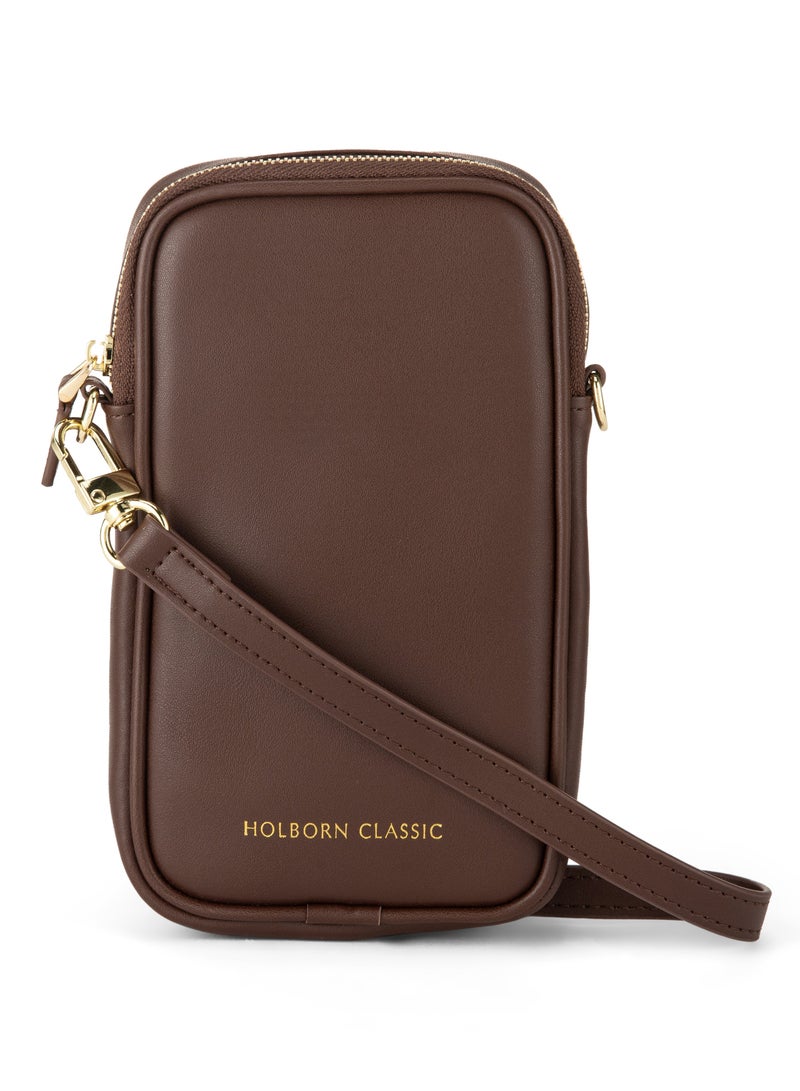 HOLBORN CLASSIC Luna Travel Pouch With Phone Compartment For Women - Brown, Leather Phone Pouch Bag, Crossbody Phone Bag, Genuine Leather - Image 1