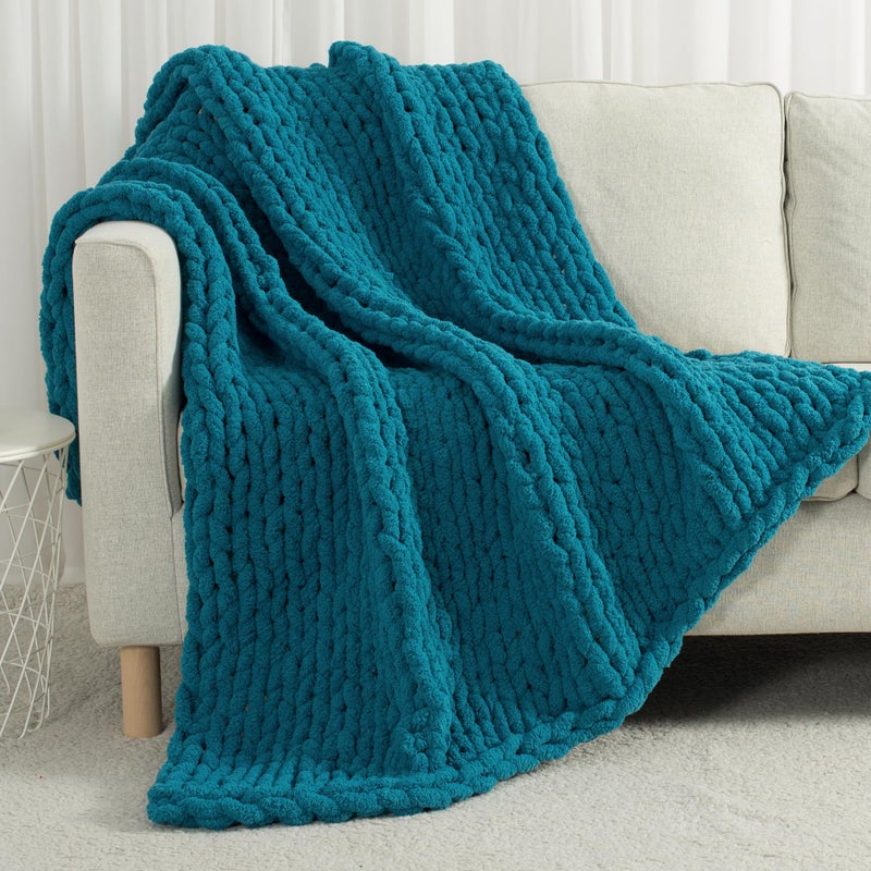 Carriediosa Carriediosa Chunky Knit Throw Blanket 60"" X 80"" Twin  100% Hand Made Large Chenille Loop Yarn Soft Fluffy Throws for Couch Sofa Bed  Big Crochet Cozy Heavy Thick Cable Woven Blanket  Teal  - Image 1