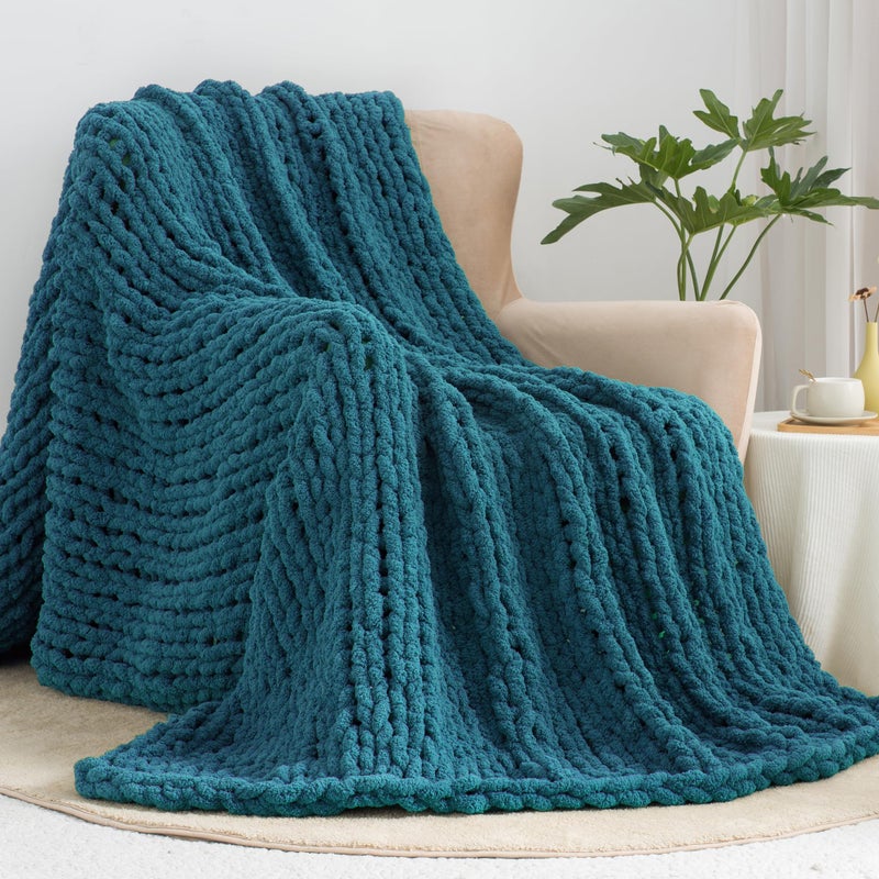 Carriediosa Carriediosa Chunky Knit Throw Blanket 60"" X 80"" Twin  100% Hand Made Large Chenille Loop Yarn Soft Fluffy Throws for Couch Sofa Bed  Big Crochet Cozy Heavy Thick Cable Woven Blanket  Teal  - Image 4
