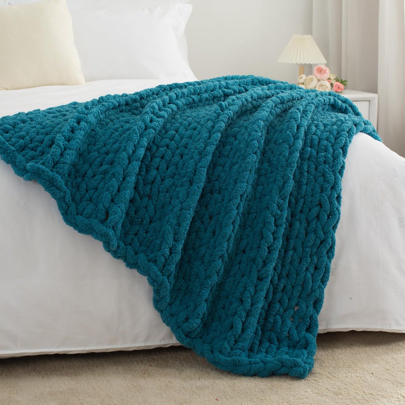 Carriediosa Carriediosa Chunky Knit Throw Blanket 60"" X 80"" Twin  100% Hand Made Large Chenille Loop Yarn Soft Fluffy Throws for Couch Sofa Bed  Big Crochet Cozy Heavy Thick Cable Woven Blanket  Teal  - Image 5