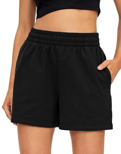 AUTOMET Womens Sweat Shorts Casual Summer Drawstring Comfy Elastic High Waist Running Clothes with Pockets Black S - Image 1