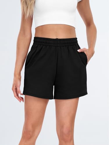 AUTOMET Womens Sweat Shorts Casual Summer Drawstring Comfy Elastic High Waist Running Clothes with Pockets Black S - Image 2