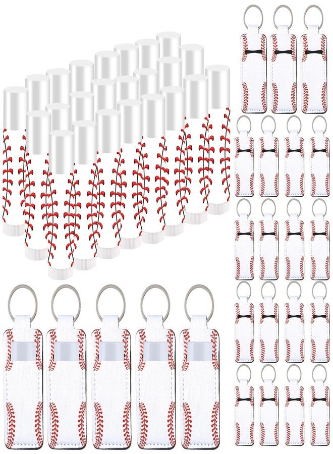 Lonfliness 24 Sets Baseball Party Favors Lip Balm and Lipstick Holder Keychain Bulk Sport Ball Team Gifts Natural Moisturizing Lip Balm Keychains Portable Pouch for Team Baseball Sports Party Supplies - Image 1