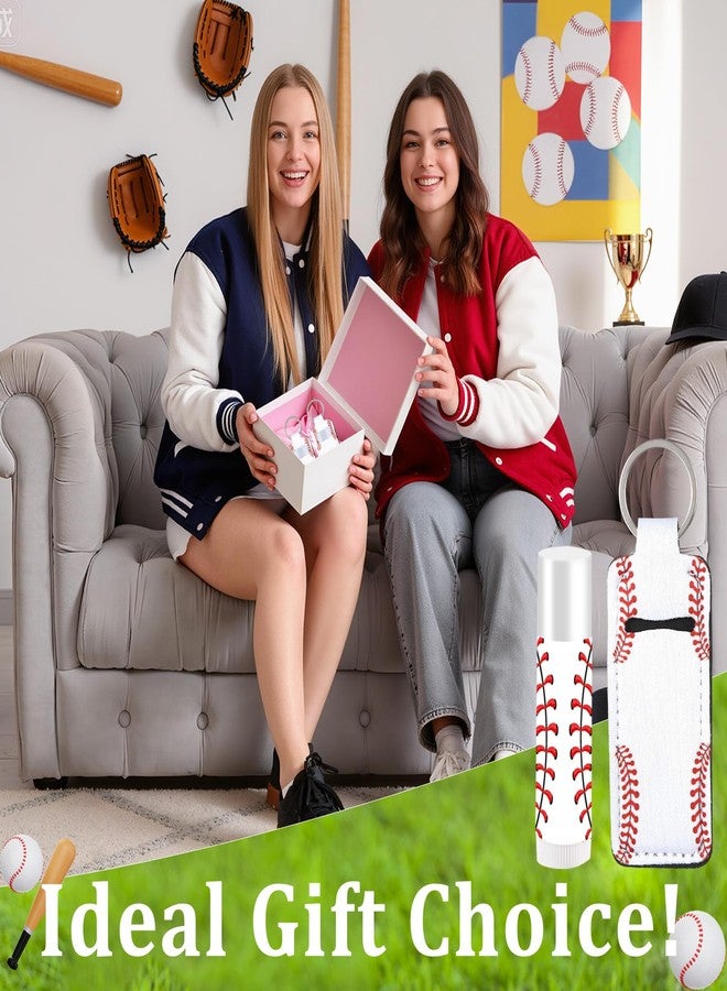Lonfliness 24 Sets Baseball Party Favors Lip Balm and Lipstick Holder Keychain Bulk Sport Ball Team Gifts Natural Moisturizing Lip Balm Keychains Portable Pouch for Team Baseball Sports Party Supplies - Image 2