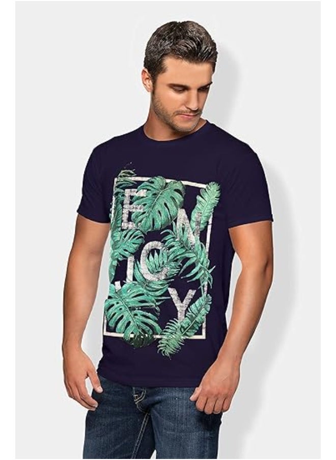 LOUD UNIVERSE Mens Navy Blue Enjoy Graphic T-Shirt – 100% Cotton, Short Sleeve Crew Neck Tee For Casual Summer Wear  - Image 1