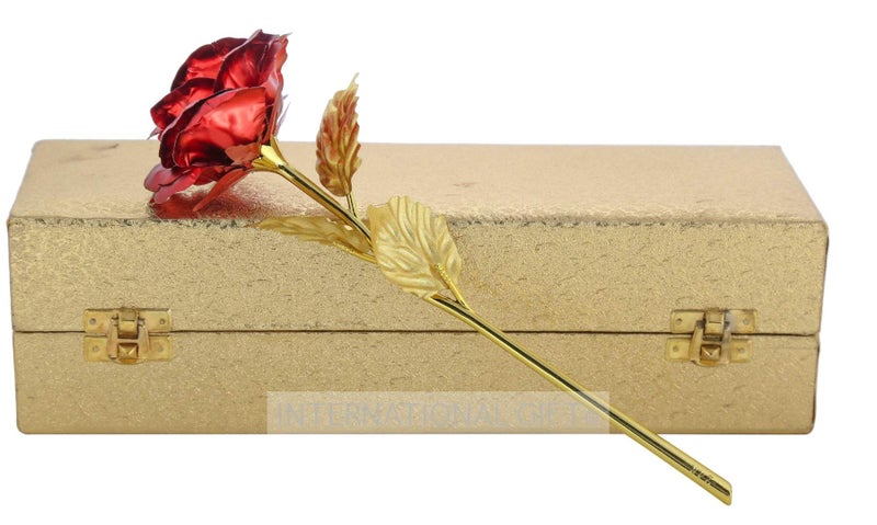 INTERNATIONAL GIFT® Red Rose Flower with Golden Leaf with Golden Gift Box - Image 3
