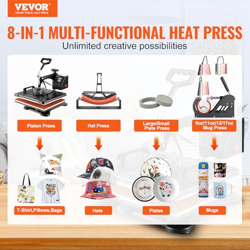 VEVOR 8 in 1 Heat Press Machine Combo, 360° Swing Away Tshirt Press Machine for Printing Hat Mug T Shirts Cap, 12x15 Digital Multifunctional Sublimation Heat Transfer Machine - Image 2