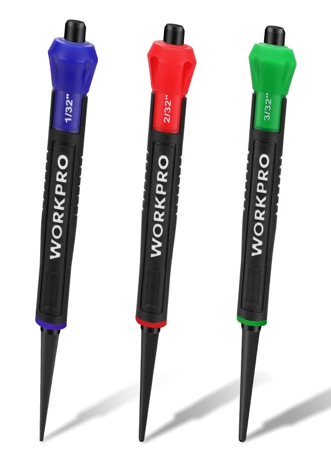 ووركبرو طقم ثاقب أظافر WORKPRO مكون من 3 قطع، يتضمن مثبت أظافر بقياس 1/32 بوصة، و1/16 بوصة، و3/32 بوصة، وأداة تثبيت أظافر ملونة مع مقبض ممتص للصدمات - Image 1