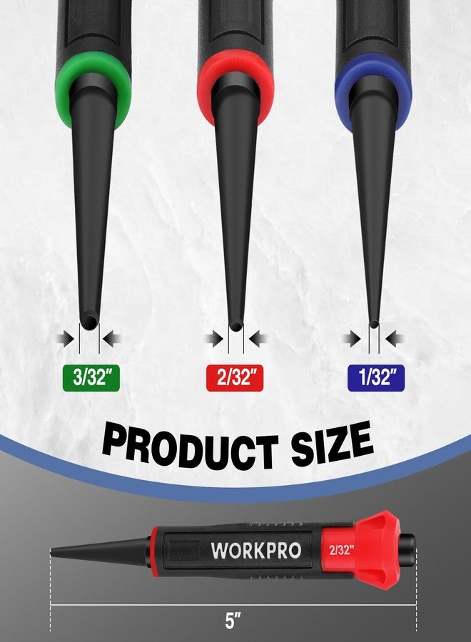 ووركبرو طقم ثاقب أظافر WORKPRO مكون من 3 قطع، يتضمن مثبت أظافر بقياس 1/32 بوصة، و1/16 بوصة، و3/32 بوصة، وأداة تثبيت أظافر ملونة مع مقبض ممتص للصدمات - Image 3