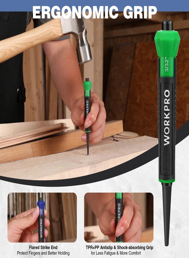 ووركبرو طقم ثاقب أظافر WORKPRO مكون من 3 قطع، يتضمن مثبت أظافر بقياس 1/32 بوصة، و1/16 بوصة، و3/32 بوصة، وأداة تثبيت أظافر ملونة مع مقبض ممتص للصدمات - Image 4