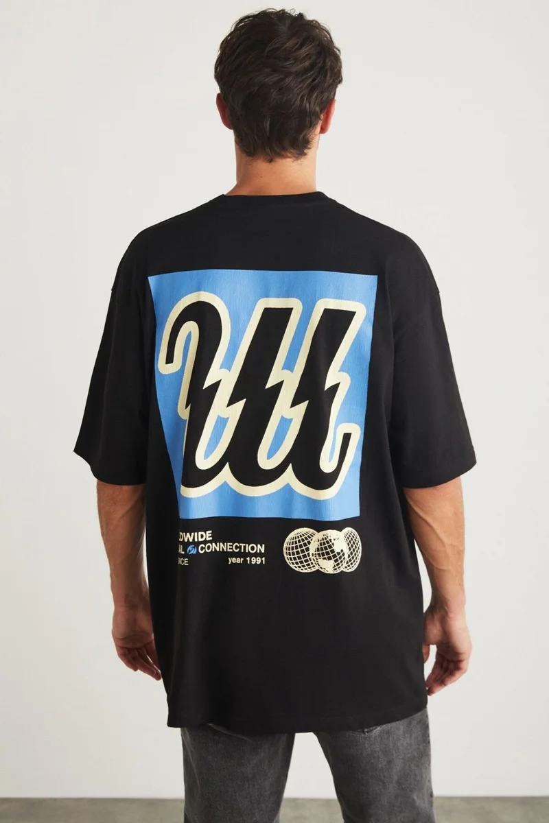 GRIMELANGE Batilda Men's Crew Neck 100% Cotton Cracked Print Detailed Black T-shirt