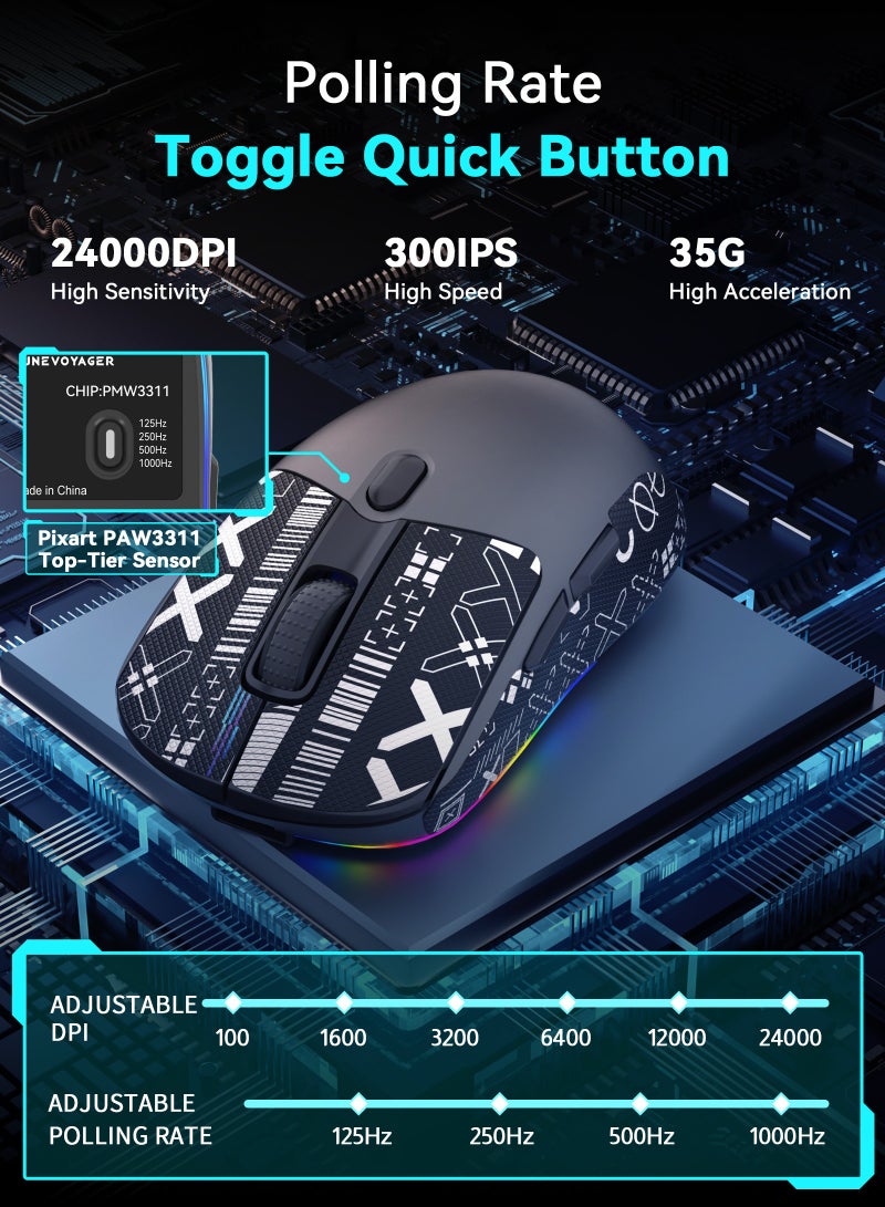 DuneVoyager Wireless Gaming Mouse SE2 Tri-Mode with Magnetic Charging Dock Lightweight Anti-Slip PixArt PAW3311 Sensor 24K DPI 1000Hz Polling Rate Bluetooth 2.4G Custom Software for PS4 PS5 PC Xbox Everyday Use - Image 3