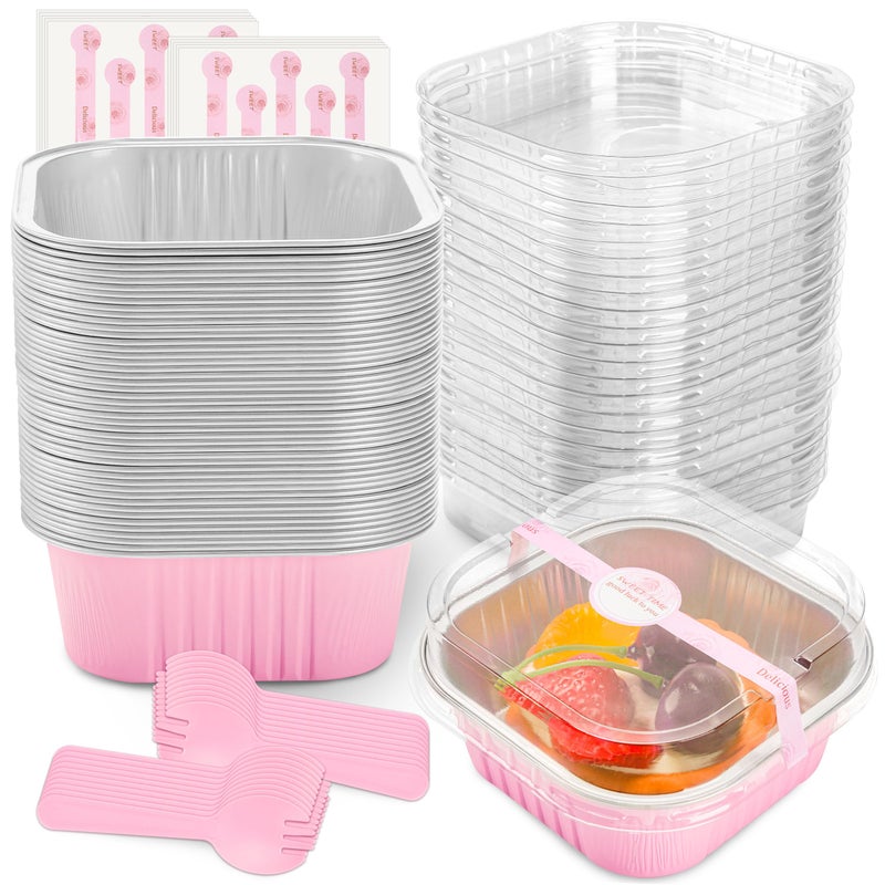 NPLUX 50 Pcs Mini Square Baking Cups with Lids and Spoons Aluminum Foil Mini Cake Pans with Lids Disposable Ramekins Cake Pans Dessert Cups for Wedding Birthday PartyPink10oz