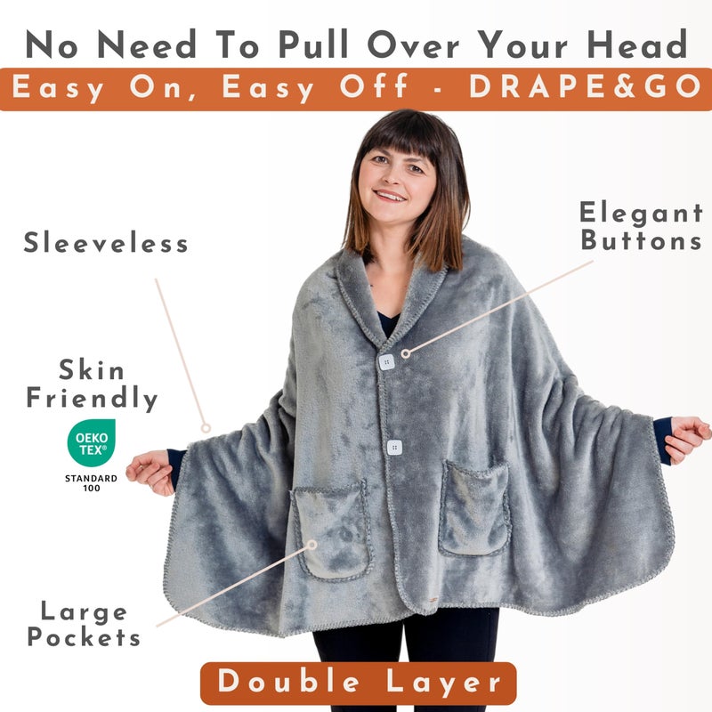 EzrAllora EzrAllora Premium Double Layer Poncho Blanket -No Sleeves Easy On Easy Off - Sherpa Shawl with Pockets -Wearable Blanket- Gifts for Grandma (Silver Grey)  - Image 2