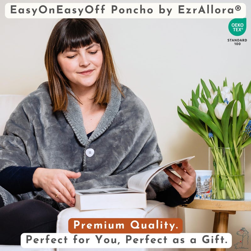 EzrAllora EzrAllora Premium Double Layer Poncho Blanket -No Sleeves Easy On Easy Off - Sherpa Shawl with Pockets -Wearable Blanket- Gifts for Grandma (Silver Grey)  - Image 5