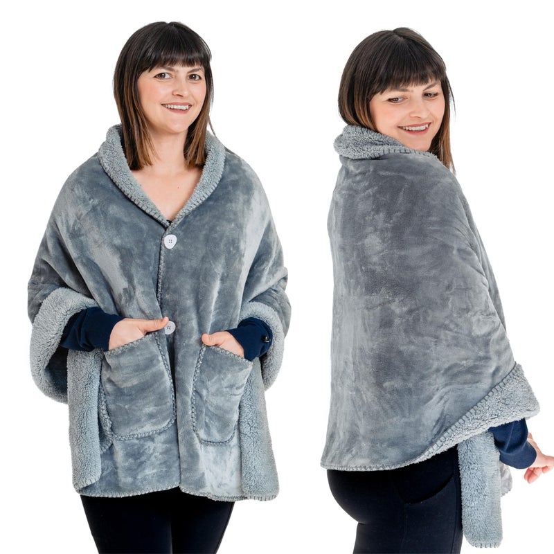 EzrAllora EzrAllora Premium Double Layer Poncho Blanket -No Sleeves Easy On Easy Off - Sherpa Shawl with Pockets -Wearable Blanket- Gifts for Grandma (Silver Grey)  - Image 1