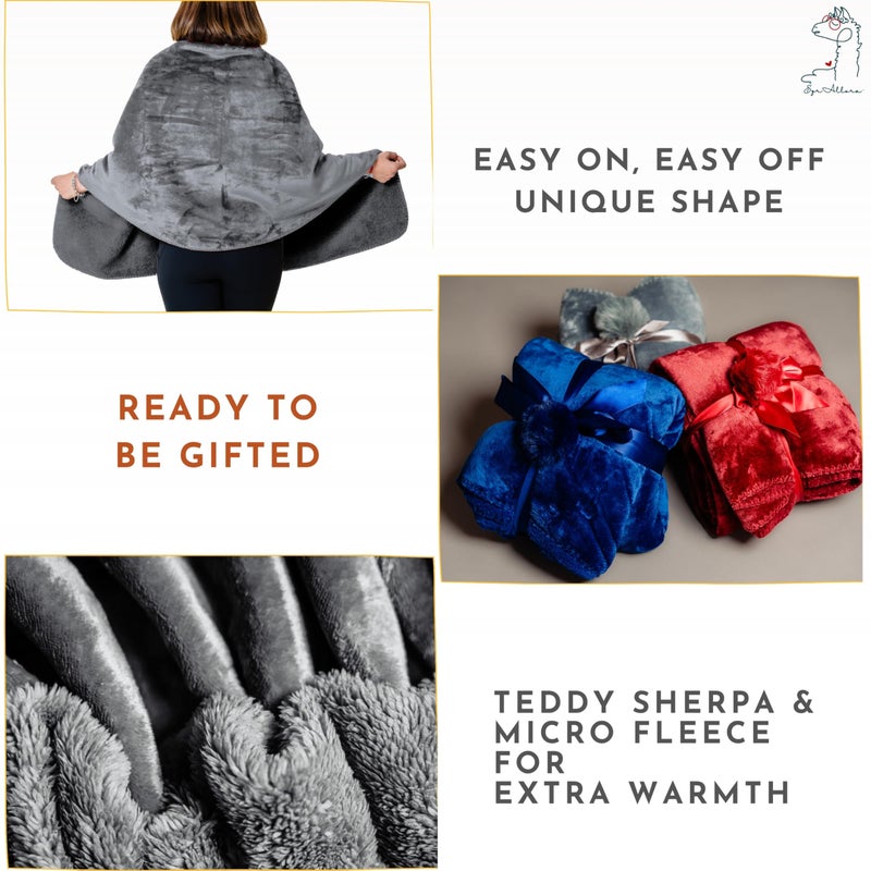 EzrAllora EzrAllora Premium Double Layer Poncho Blanket -No Sleeves Easy On Easy Off - Sherpa Shawl with Pockets -Wearable Blanket- Gifts for Grandma (Silver Grey)  - Image 4