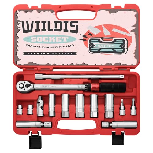 WIILDIS 14 PCS 38 Inch Drive Spark Plug Socket Set with Click Torque Wrench545 Lbft68612 Nm Magnetic Swivel Sockets Universal Joint Extension Bar CrV Steel - Image 1