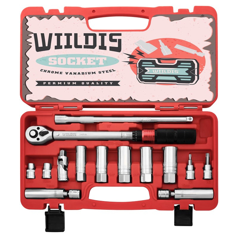 WIILDIS 14 PCS 38 Inch Drive Spark Plug Socket Set with Click Torque Wrench545 Lbft68612 Nm Magnetic Swivel Sockets Universal Joint Extension Bar CrV Steel - Image 2