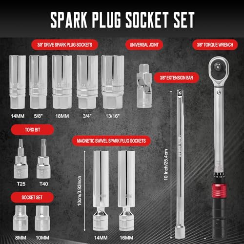WIILDIS 14 PCS 38 Inch Drive Spark Plug Socket Set with Click Torque Wrench545 Lbft68612 Nm Magnetic Swivel Sockets Universal Joint Extension Bar CrV Steel - Image 3