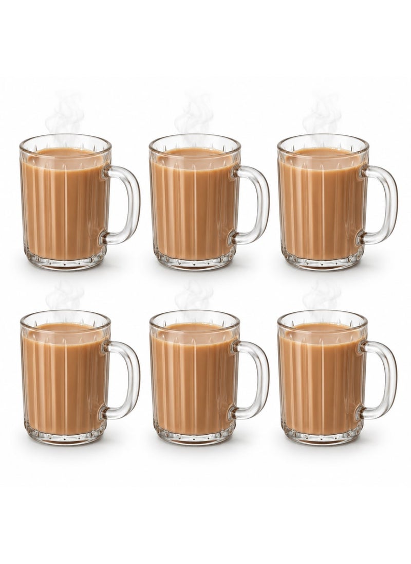 Blinkmax Set of 6 Fluted Glass Mugs, Comfortable Handle for Hot Drinks, Clear Coffee and Tea Cups, for Daily Home and Office Use - Transparent - Image 1