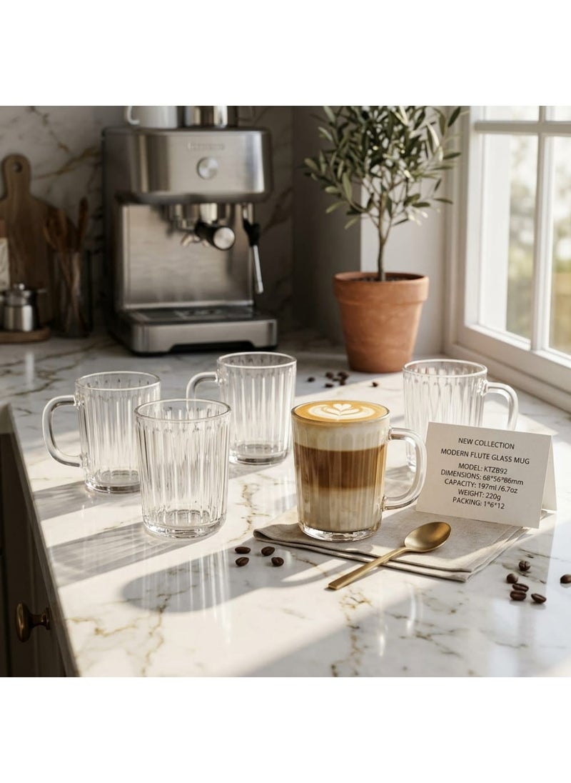 Blinkmax Set of 6 Fluted Glass Mugs, Comfortable Handle for Hot Drinks, Clear Coffee and Tea Cups, for Daily Home and Office Use - Transparent - Image 3