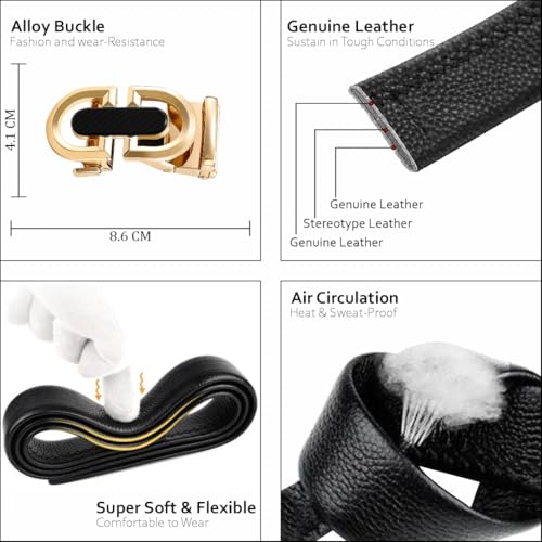 TUSHI Belts For Men Genuine Leather | Gents | Boys With Automatic Auto-lock Buckle – Stylish, Durable, No-hole Design, Fits Up To 46 Inches, Perfect For Formal & Casual Wear (Black-Gold) - Image 2