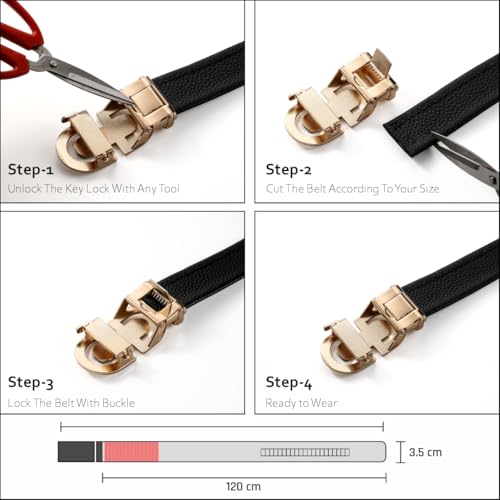 TUSHI Belts For Men Genuine Leather | Gents | Boys With Automatic Auto-lock Buckle – Stylish, Durable, No-hole Design, Fits Up To 46 Inches, Perfect For Formal & Casual Wear (Black-Gold) - Image 5