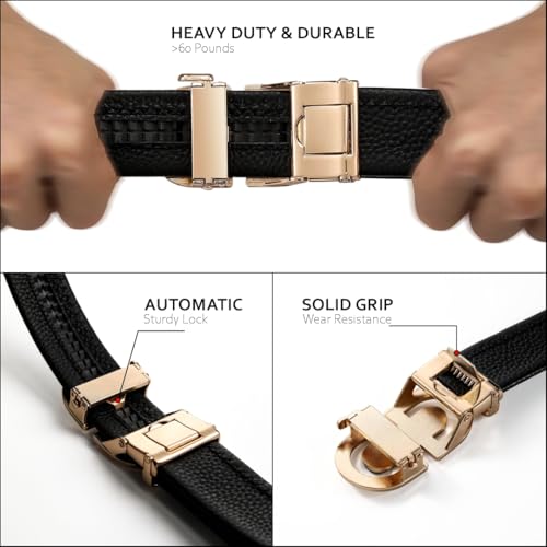 TUSHI Belts For Men Genuine Leather | Gents | Boys With Automatic Auto-lock Buckle – Stylish, Durable, No-hole Design, Fits Up To 46 Inches, Perfect For Formal & Casual Wear (Black-Gold) - Image 4
