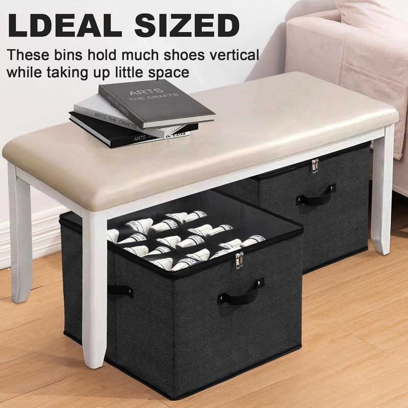 LOOKMINT Shoe Organizer for Closet Foldable Shoe Box with Adjustable Dividers and Clear Cover Space Saving Shoe Storage Organizer Cabinet with Reinforced Handles Fits 16 Pairs Black - Image 3