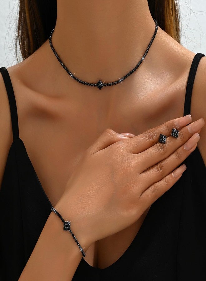 MarveBard Prom Earrings Necklace Bracelet Set for Women Rhinestone Bride Wedding Jewelry Set Sparkle Crystal Square Choker Stud Earring Elegant Bridal Accessories for Weddings Prom Parties (Black) - Image 2
